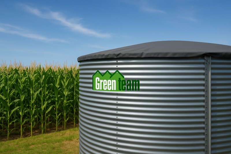 A Green Team corrugated steel water tank placed in a cornfield – an agricultural water storage solution for dry seasons.