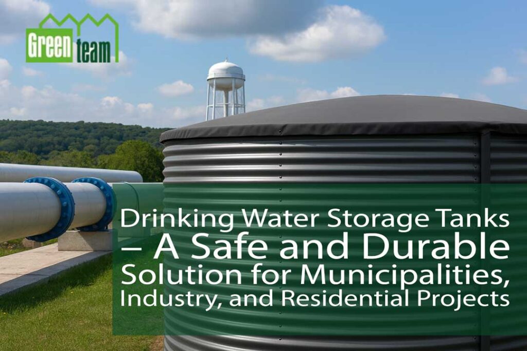 Corrugated steel drinking water tank with large pipes and water tower in the background – GreenTeam solution for municipalities and industry