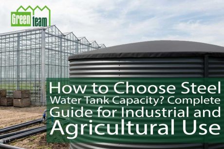 Corrugated steel water tank installed next to an industrial greenhouse for water storage and irrigation