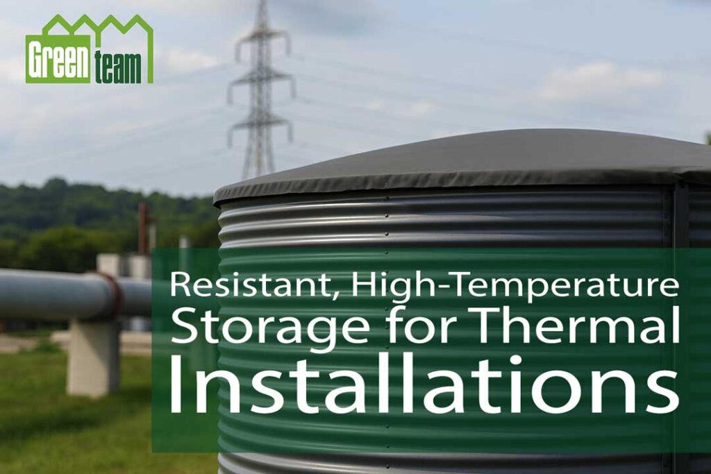 Corrugated steel geothermal water tank installed near a spa facility, designed to withstand high temperature and mineral-rich water