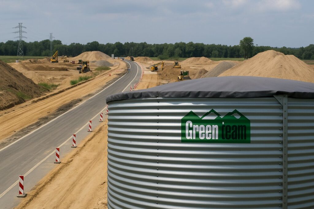 Corrugated steel tank with Green Team logo placed on a road construction site – mobile water storage for infrastructure projects