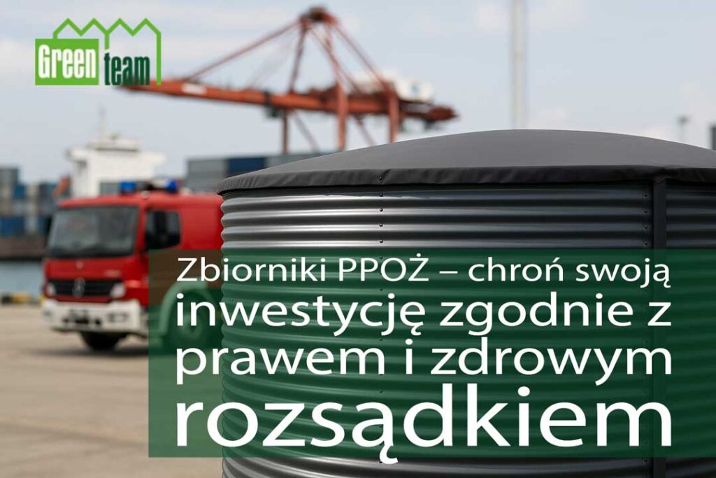 Stalowy zbiornik przeciwpożarowy Green Team ustawiony na terenie przemysłowym – trwałe zabezpieczenie zgodne z wymogami PPOŻ i normami budowlanymi.
